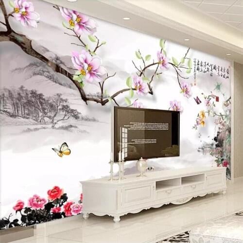 Wellyu Chinese magnolia ink painting Chinese painting Chinese TV background wall painting custom large mural green wallpaper