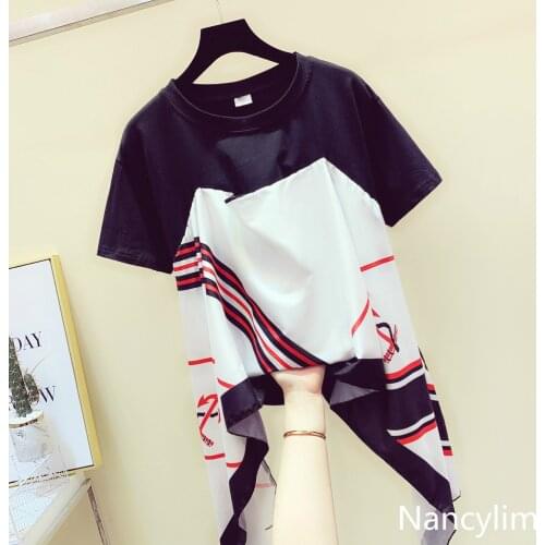 NANCYLIM Shirt Lady Irregular Silk Towel Stitching Loose Short Sleeve T-shirt Female 2020 Summer New Design Temperament Tee Tops