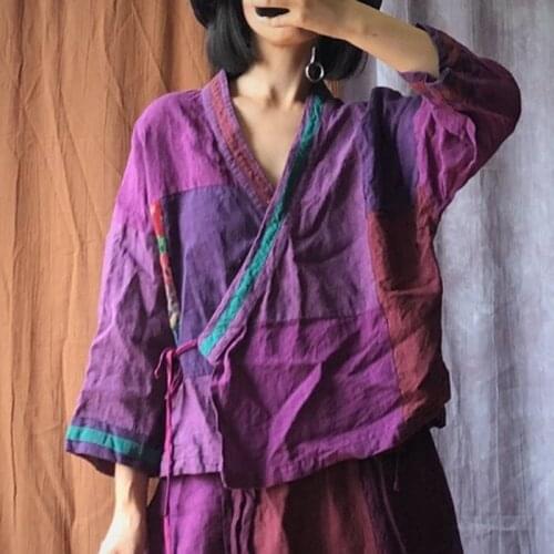 Johnature Vintage Three Quarter Sleeve Patchwork Print Tops V-neck 2021 New Autumn Belt Loose Shirts Women Blouses Cardigan