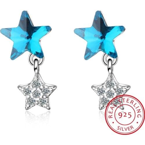 Real 925 Sterling Silver Blue Crystal Double Star Stud Earrings for Women Fashion Silver Star Brincos oorbellen