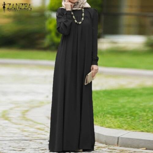 ZANZEA Women Autumn Dress Casual Long Sleeve Solid Maxi Long Vestido Kaftan Abaya Dubai Hijab Muslim Dress Loose Sundress S