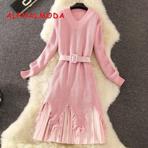 ALPHALMODA Ribbed Long Sweater Dress 2pcs Set Waist Belt Broken Hem Pleated Skirt Women Stylish Winter 2pcs Suits