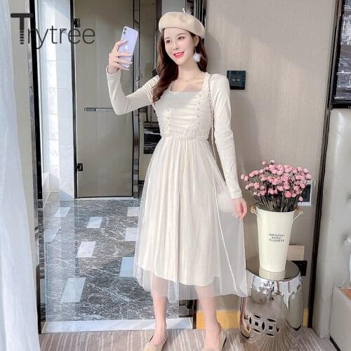 Trytree 2021 Spring Autumn Womens Dress Casual Square Collar Pearls Patchwork Mesh A-line Mid-Calf Office Lady Elegant Dress