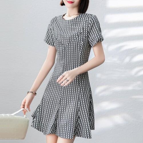 2021 Summer Women Black Dresses Elegant O-neck Short Sleeve Slim Letter Print 100% Pure Real Silk Lady A-line Mini Dress Casual