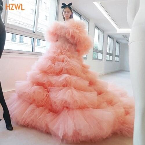 2020 New Coral Prom Dresses Party Gown Ruffles Tiered Tulle Formal Evening Dress Long Vestidos De Quinseanera Robe De Soiree