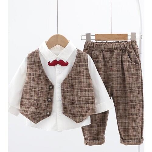 3PCS Childrens Baby Boy Clothing Sets Kids White Shirt+Plaid Vest+Pant Toddler Spring Auttumn Birthday Party Fashion Outfits