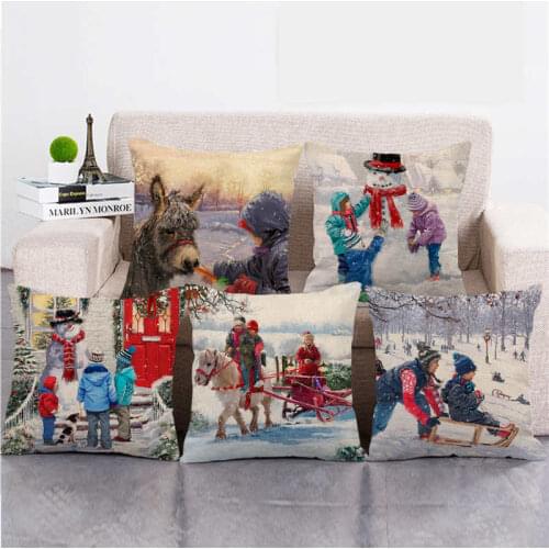 45cm*45cm Merry Christmas Child Cartoon Snowman Dog Linen/Cotton Throw Pillow Covers Couch Cushion Cover Home Decor Pillowcase