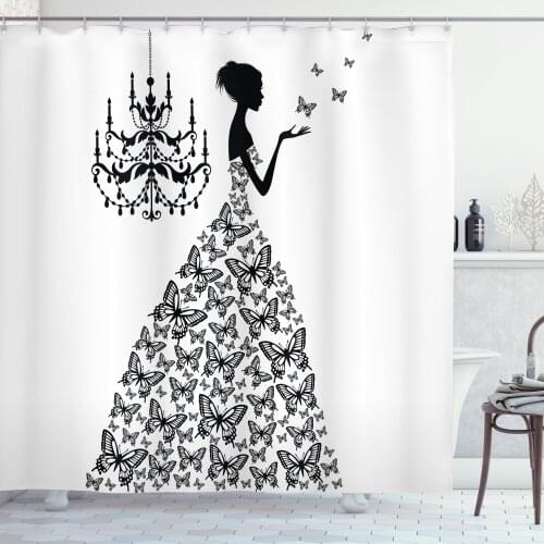 Butterfly Shower Curtain Set Lady in Gown Victorian Chandelier Curtain for Bathroom Decor 12 Hooks Decorative Bath Accessory