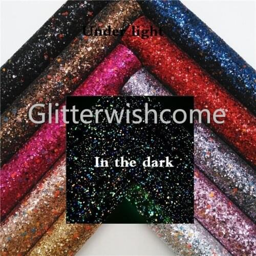 Glitterwishcome 21X29CM A4 Size Glows in the Dark Glitter Fabric, Chunky Glitter Leather Sheets, Glitter Vinyl for Bows, GM564A