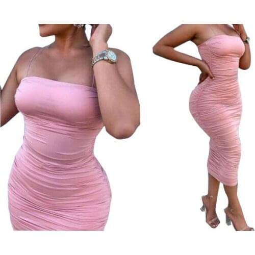 Nice Quality Women Dress Pink Elegant Dress Womens Long Sexy Pleated Suspender Red Dress Sexy Bodycon Club Casual Dress