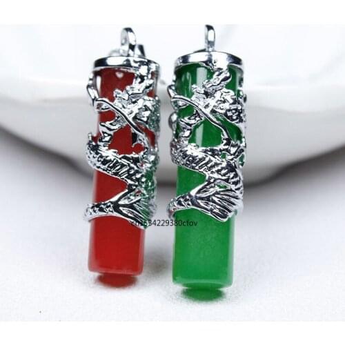 Chinese Green Jade Dragon pillar Pendant Necklace Charm Jewellery Fashion Accessories Hand-Carved Man woman Luck Amulet Gift