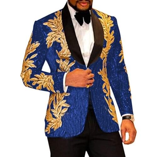 Classic Mens Golden Applique Shiny Sequins Blazer Mens Suit Tuxedos For Wedding Grooms Custom Made 2 Pieces Jacket+Black Pants