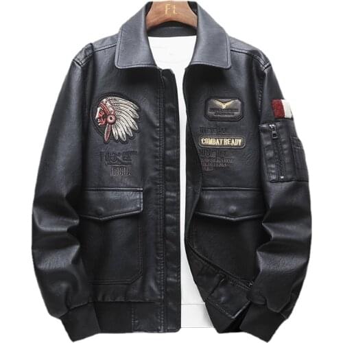New Mens Jacket Spring and Autumn Korean Indian Embroidery Pattern Lapel Trend Air Force Pilot PU Leather Motorcycle Jacket Men