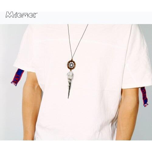 MIAMOR Handmade Vintage Mini Wooden Ring Dreamcatcher With Feather Unisex Necklace Sweater Chain Best Gift For Friends amor0356