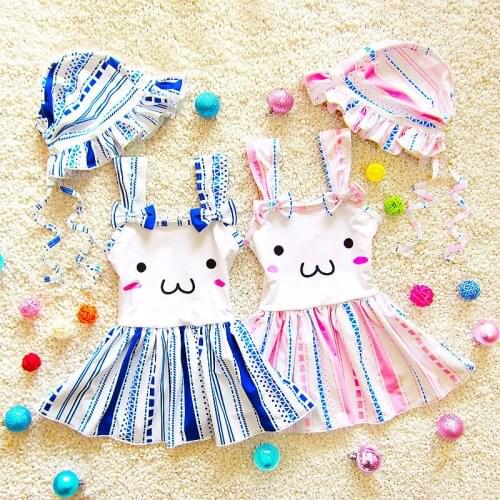 Cute Dress Tyle Girls One Piece Swimsuit Baby Kids Swimwear W/Cap Striped Children Swimming Beach Bathing Suit 2018 CO