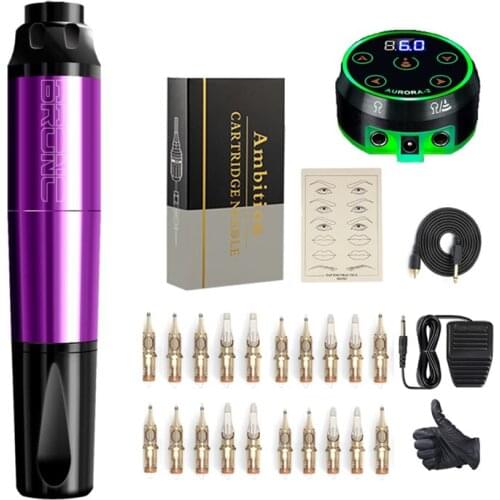 BRONC-V2 Mini Rotary Tattoo Machine Pen Swiss Motor Strong Quiet With Aurora-2 LCD Digtal Power Cartridge Needle Kit