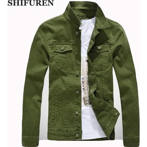 SHIFUREN 2019 Mens Denim Jacket Long Sleeve Cotton Jeans Jacket Coat With Pockets Single Breasted Armygreen Cowboy Streetwear