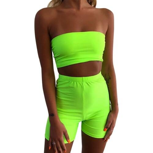 NORMOV Solid Women Sets Fitness Strapless Pullover And High Elastic Waist Shorts Polyester Casual Two Piece Sets