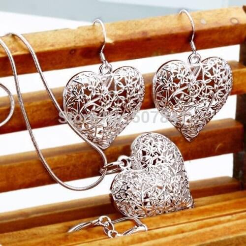 Charms wedding color silver jewelry fashion cute Pretty Heart Necklace Earring women party set TOP quality stamped , p218