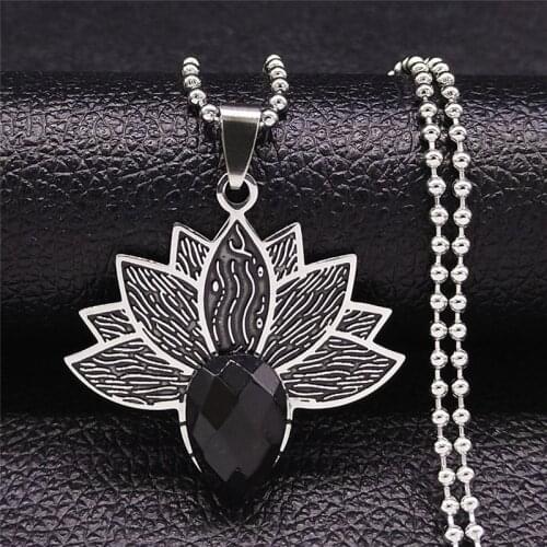 Boho Stainless Steel Black Natural Stone Flower of Life Necklace for Women/Men Silver Color Jewelry bcollares de mujer N3603S04