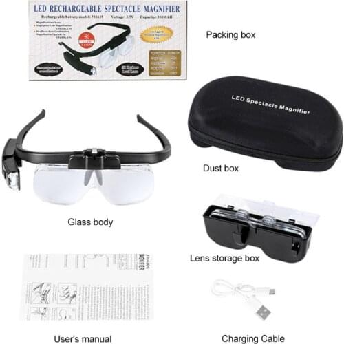 Headband Magnifier USB Rechargeable Head Mounted Magnifying Glasses with Removable Lenses 2 LED Lights for Reading Close M7DA