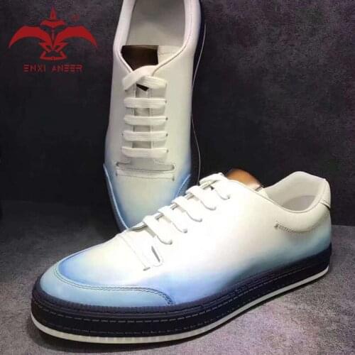 Colorful Your Shoes! 100% Genuine Leather Men Lady Sneakers Lace Up Casual Shoes Patina Navy Brown Pink Color