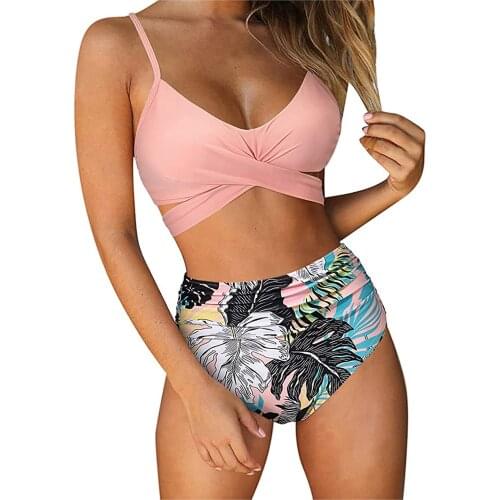 Sexy Bikinis for Women Printing Sleeveless Bowknot Bandage Backless Summer Tummy Control High Waist Beachwear Biquini Feminino