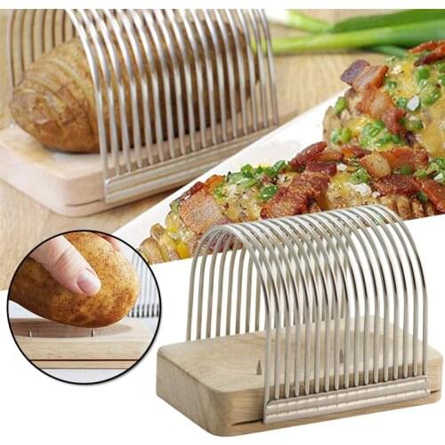 Stainless Steel Potato Slicer Cutter with Wooden Rack Reusable Durable Onion Tomatoes Slicing Rack Kitchen Tools Home