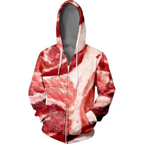 Harajuku 3D Pork Belly Print Zipper Hoodie Sweatshirt Men/women Long Sleeve Streetwear Hip Hop 3D Hooded Top Cosplay Beef Jacket