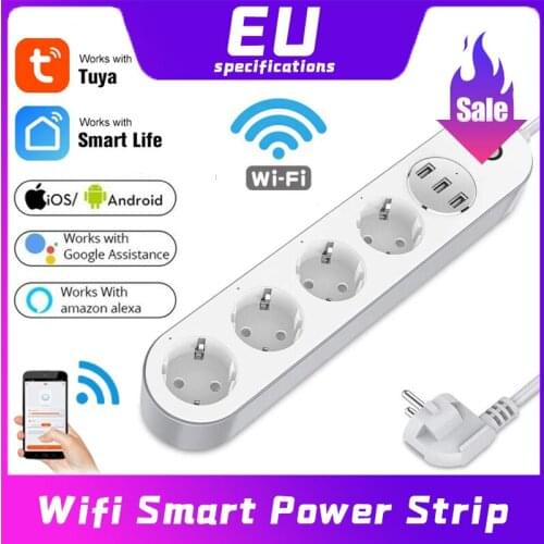 Wifi Tuya Smart Power Strip 4 EU Outlets 10A Plug Socket 3USB Charging Port Timing App Voice Control Work With Alexa Google Home