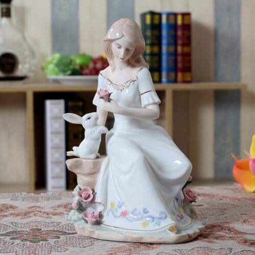 Vintage Porcelain Lady and Rabbit Figurine Ceramic Beauty Statue Craft Ornament Accessories for Home Decor Valentines Day Gift