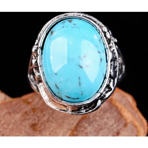 Vintage Blue Resin Stone Ring Ancient Silver Color Carved Large Turquoises Chunky Rings for Women Men Bohemian Jewelry Gift