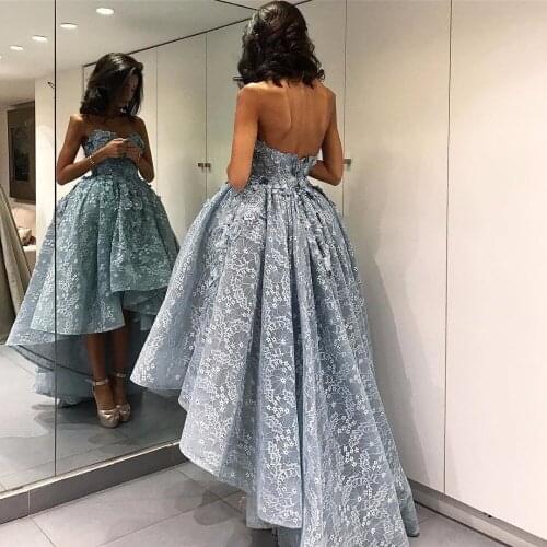 High Low Sweetheart Sleeveless Light Sky Blue Lace Prom Dress 2k19 vestidos de gala Hi Lo 3D Floral vestidos de fiesta de noche