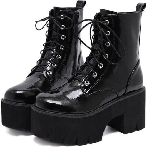 Woman Lace Autumn Boots Womens Ladies Chunky Wedge Platform Black Patent Leather Ankle Boots Punk Goth New