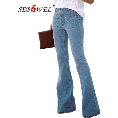 SEBOWEL Autumn Winter Womens Casual Vintage Pocket Flared Jeans Female Retro Lady Mid Waist Bell-Bottomed Denim Pants S-XXL