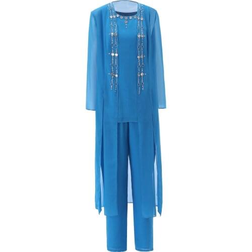 Fashion 3 Pieces Mother of the Bride Dress Pant Suits Womens Chiffon Crystal Side Slit Long Sleeves Tea Length Outfit Jacket