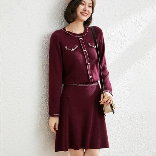 Fashion Suit Autumn Winter 100% Cashmere Knitted High Quality Sweater Women Tops And Harem DressesTwo-Piece Female Girl Clothes