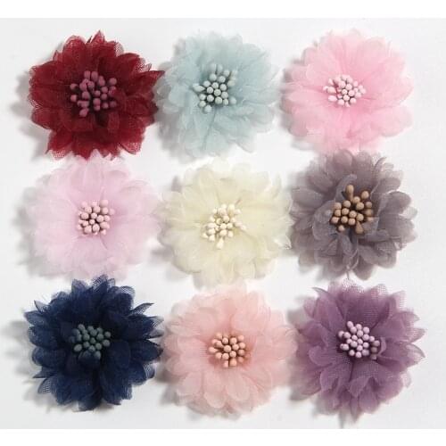 10PCS 4CM 1.5" New Small Chiffon Flowers With Matches Center For Headbands Accessories Sunflower Handmade Hair Flower For Dress