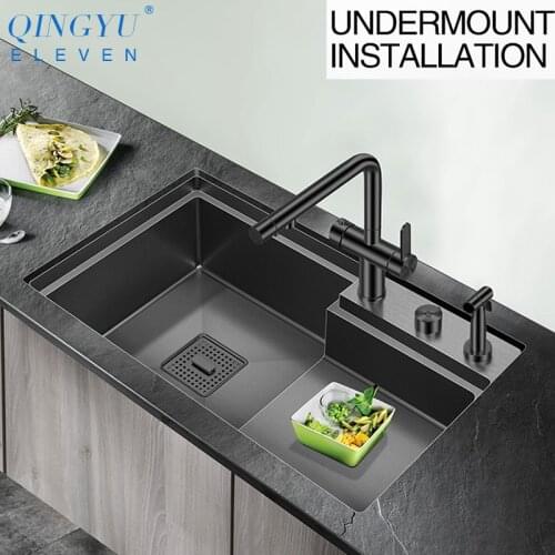 2021 New Nanometer Stepped kitchen Sink 304 Stainless Steel 4mm Thickness 220mm Depth Large Size Handmade Stepped Kitchen Sinks