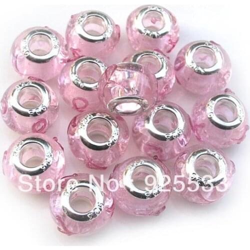 Free Shipping 14mm Glass Silver Plated Core Pink Silk Ribbon Big Hole Loose Beads fit European Jewelry Bracelet Charms DIY
