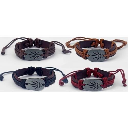 4pcs Mixed Color Pot Leaf Weed Leaf Charm Pendant Bracelet Brown Leather Bangle Adjustable Unisex