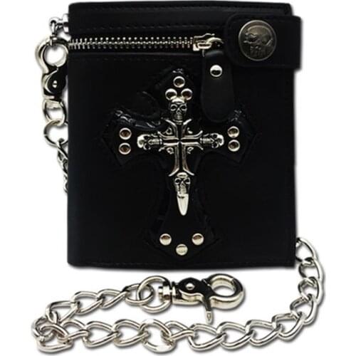 Brand New Men Vintage Short Purse Boys Goth Skull Head Cross Black PU Leather Biker Punk Snap Zipper Wallet with Long Key Chain