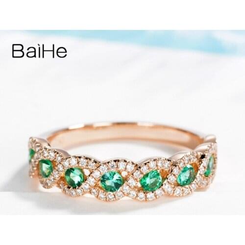 BAIHE Solid 14K Rose Gold 2.2mm-2.3mm Natural Emeralds 0.24ct Diamond Wedding Trendy Beautiful Atmosphere Emerald Diamond Ring