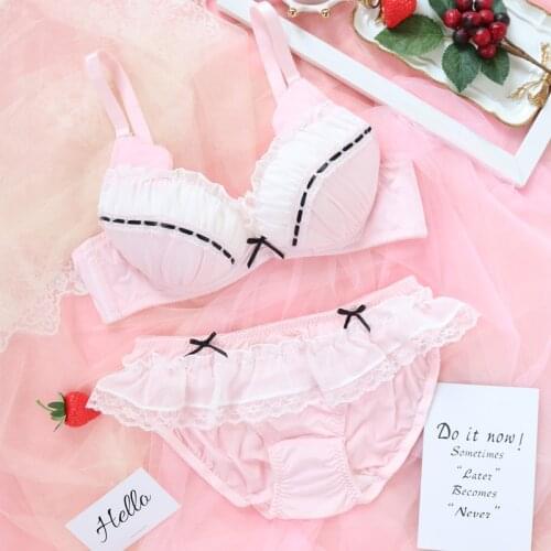 Wriufred Underwear sweet sexy and cute lingerie sets soft girl loli cat lace gathered underwire bra panties set