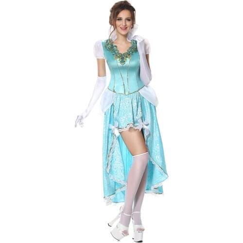 Halloween Princess Costume Lace Stand Collar Satin Dress with Gloves halloween Light Blue Women Fancy dress costume