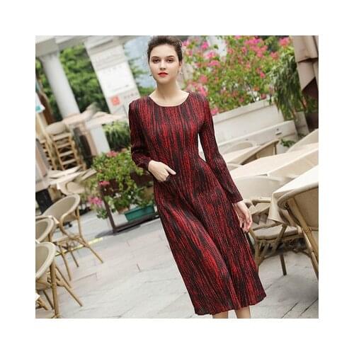 HOT SELLING Miyake Fashion long sleeve o-neck fold dress Colorful dress IN STOCK
