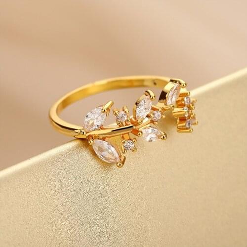 Cute Style Lover Zircon Crystal Leaves Rings For Women Stainless Steel Adjustable Sweet Star Ring Girlfriend Wedding Jewelry