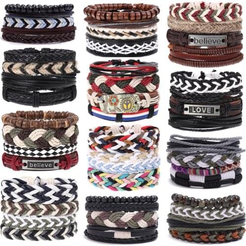 Fashion 3-4pcs/set Bohemian Weave Rope Chain Charm Genuine Leather Men Bracelets For Women Homme Femme Male Jewelry