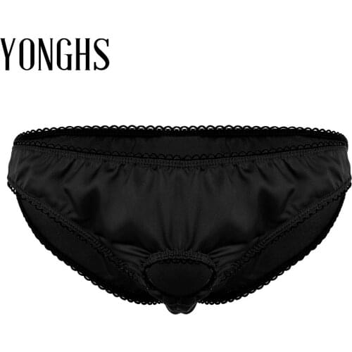 Mens Erotic Lingerie Sissy Underwear Open Front Penis Hole Panties Soft Satin Low Rise Hot Sexy Sissy Bikini Briefs Underwear