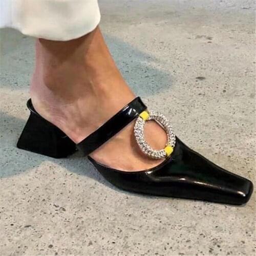 Crystal Circle Dec Women Mules Shoes Patent Leather Block Heels Pumps Brand Gladiator Sandals Women Sandalias Mujer Slippers